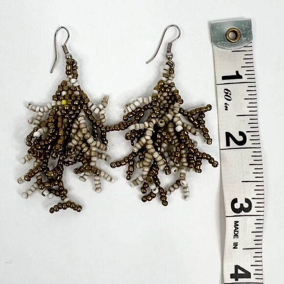 𝅺bronze and Brown Beaded Long Fringe Dangle Earrings - Picture 2 of 3